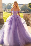 Lilla Off The Shoulder Tulle Abito Quinceanera Applicato