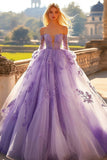 Lilla Off The Shoulder Tulle Abito Quinceanera Applicato Con Maniche Lunghe