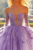 Lilla Off The Shoulder Tulle Abito Quinceanera Applicato Con Maniche Lunghe