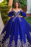 Royal Blue Sweetheart Ball Gown Appliqued Tulle Quinceanera Dress con mezze maniche