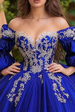 Royal Blue Sweetheart Ball Gown Appliqued Tulle Quinceanera Dress con mezze maniche