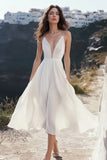 Flowy Bianco A Line Spaghetti Straps Abito di Laurea