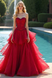 Rosso A Line Sweetheart lungo arruffato Abito da Cerimonia