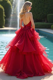 Rosso A Line Sweetheart lungo arruffato Abito da Cerimonia