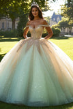 Scintillante Champagne Ball Gown Off la spalla Tulle Quinceanera Dress con perline