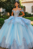 Sky Blue Princess Off the Shoulder Tulle Quinceanera Dress con Appliques