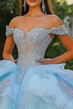 Sky Blue Princess Off the Shoulder Tulle Quinceanera Dress con Appliques