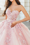 Rosa Sweetheart Ball Gown Tulle Quinceanera Dress con applicazioni floreali