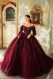 Scintillante Borgogna pizzo Off The Shoulder Quinceanera Dress con maniche a 3/4