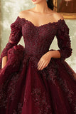 Scintillante Borgogna pizzo Off The Shoulder Quinceanera Dress con maniche a 3/4
