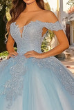 Abito Quinceanera Azzurro Applicato con Maniche a Mantella