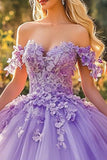 Lilla Piano Lunghezza Appliqued Quinceanera Abito con fiori 3D