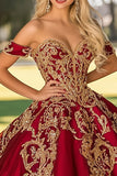 Abito Quinceanera in raso dorato rosso scintillante con applicazioni