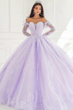 Principessa Lilla Ball Gown Off the Shoulder Maniche lunghe Tulle Quinceanera Dress con applicazioni