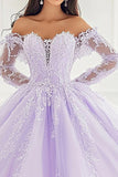 Principessa Lilla Ball Gown Off the Shoulder Maniche lunghe Tulle Quinceanera Dress con applicazioni