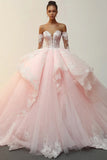 Principessa Rosa Ball Gown senza spalline Increspature Appliques Tulle Quinceanera Dress con maniche staccabili