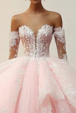 Principessa Rosa Ball Gown senza spalline Increspature Appliques Tulle Quinceanera Dress con maniche staccabili