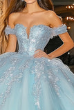 Principessa cielo blu abito da ballo Off the Spalla Tulle Quinceanera Dress con applicazioni