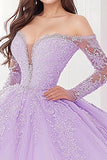 Principessa Lilla Ball Gown Off the Shoulder Maniche lunghe Tulle Quinceanera Dress con applicazioni