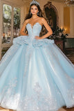 Scintillante cielo blu Ball Gown senza spalline volant tulle Quinceanera Dress con applicazioni