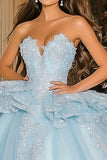 Scintillante cielo blu Ball Gown senza spalline volant tulle Quinceanera Dress con applicazioni