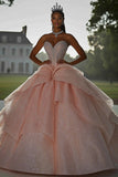 Scintillante rosa Ball Gown senza spalline paillettes volant Quinceanera Dress