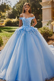 Scintillante cielo blu abito da ballo fuori dalla spalla paillettes 3D fiori tulle Quinceanera Dress
