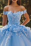 Scintillante cielo blu abito da ballo fuori dalla spalla paillettes 3D fiori tulle Quinceanera Dress