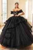 Principessa Abito da ballo nero fuori dalla spalla con volant allacciati Tulle Quinceanera Dress