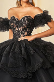 Principessa Abito da ballo nero fuori dalla spalla con volant allacciati Tulle Quinceanera Dress