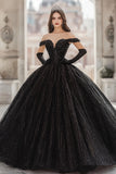 Paillettes Off The Shoulder Ball Gown Abito lungo nero Quinceanera