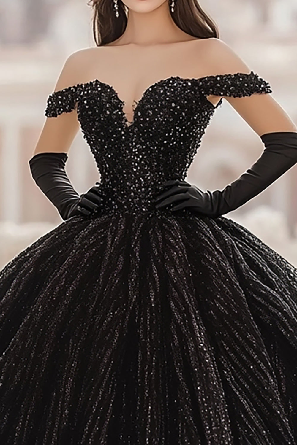 Paillettes Off The Shoulder Ball Gown Abito lungo nero Quinceanera