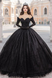 Nero Off The Shoulder Ball Gown Abito lungo Quinceanera con maniche lunghe