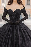 Nero Off The Shoulder Ball Gown Abito lungo Quinceanera con maniche lunghe