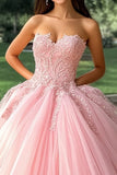 Rosa Ball Gown senza spalline Appliqued lungo Quinceanera Dress