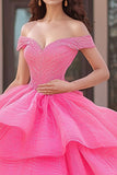 Off The Shoulder Fucsia Appliqued Ball Gown Quinceanera Dress