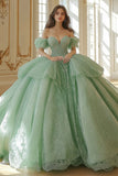 Menta Off The Shoulder Tulle Pizzo Applicato Quinceanera Dress