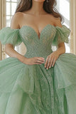 Menta Off The Shoulder Tulle Pizzo Applicato Quinceanera Dress