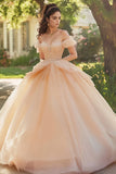 Champagne Off The Shoulder Tulle Pizzo Appliqued Quinceanera Dress