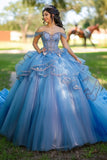 Blu Off The Shoulder Tulle Pizzo Appliqued Quinceanera Dress