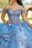 Blu Off The Shoulder Tulle Pizzo Appliqued Quinceanera Dress