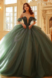 Olive Off The Shoulder Organza Pizzo Appliqued Quinceanera Dress