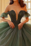 Olive Off The Shoulder Organza Pizzo Appliqued Quinceanera Dress