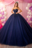Glitter Navy senza spalline Ball Gown Abito Quinceanera in pizzo applicato