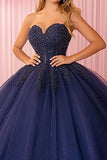 Glitter Navy senza spalline Ball Gown Abito Quinceanera in pizzo applicato