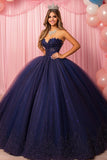 Glitter Navy senza spalline pizzo applicato Quinceanera Dress