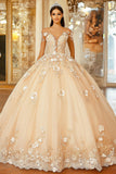 Champagne Off The Spalla Pizzo Appliqued Quinceanera Dress