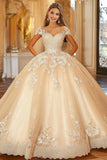 Champagne Ball Gown Organza Appliqued Quinceanera Dress con maniche ad aletta