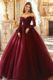 Abito da ballo bordeaux spalla fredda applicato abito quinceanera con maniche a 3/4