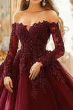 Abito da ballo bordeaux spalla fredda applicato abito quinceanera con maniche a 3/4